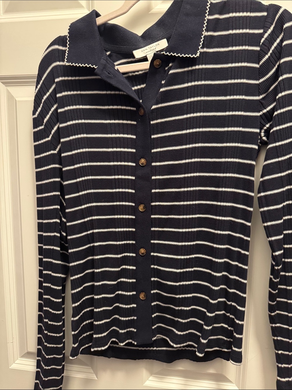 Navy and White Striped Button-Up Polo Top